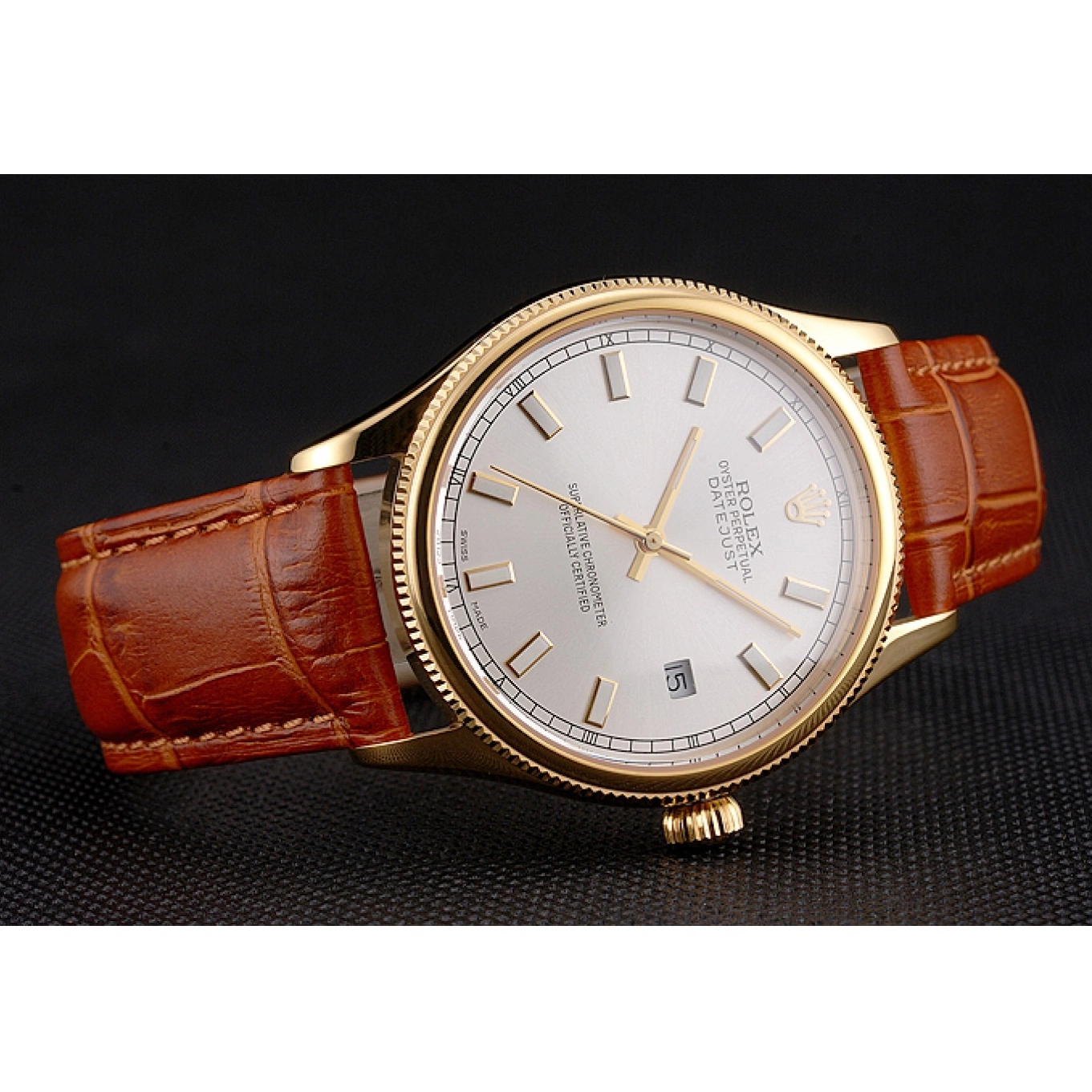 Aaa replica watch Strap Rolex Brown Dial Leather Datejust Swiss Gold Case White Light 0724